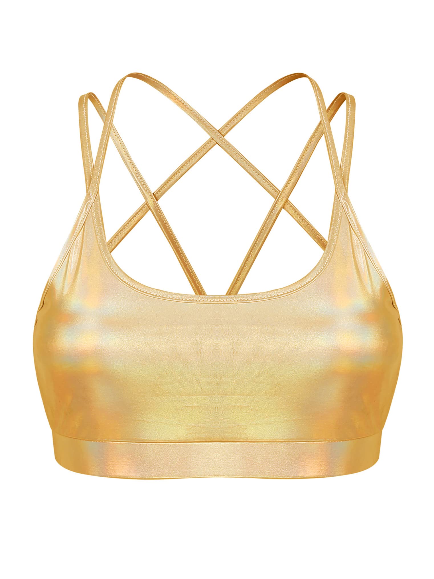 Freebily Women's Shiny Metallic Crop Top for Raves Dance Music Festivals Sports Bra Crisscross Back Workout Yoga Bra Gold Medium