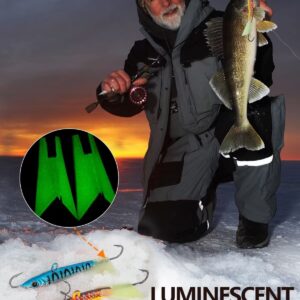 THKFISH Ice Fishing Jigs Panfish Ice Fishing Lures Kits Ice Fishing Gear Kit 14pcs Luminous Ice Fishing Color D