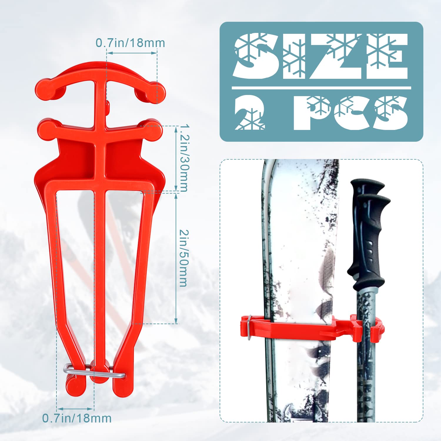 BOXOB Cross Country Skis and Poles Holder, Universal Ski Pole Clips Holder Ski Pole Carrier Ski Accessories, 1 Pair, Red