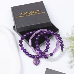 Vinswet Healing Crystal Beaded Bracelets for Women,Natural Amethyst Moonstone Gemstones Bracelet,Anxiety Stress Relief Heart Charm Bracelet Handmade purple Jewelry Gifts for Women