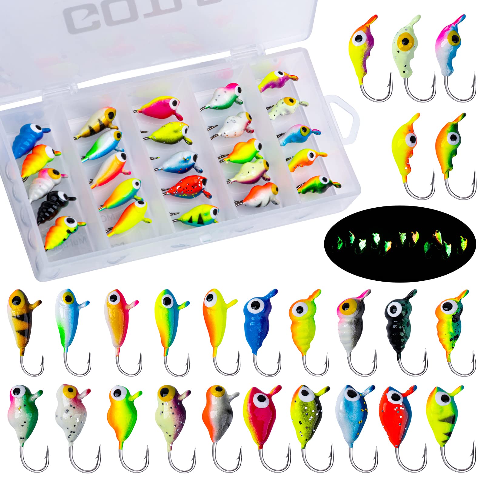 Goture Ice Fishing Jigs Tungsten Kit with Carbon Steel Hooks in Tackle Box, Winter Ice Fishing Lures for Bass, Pike, Trout, Walleye, Crappie, Panfish