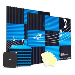 temgcuam 48 pack acoustic foam panels |1 "x12 "x12" rapid recovery acoustic wall panels |high density sound reducing panels for home studio |with adhesive stickers 240pcs (24 black+24 blue)