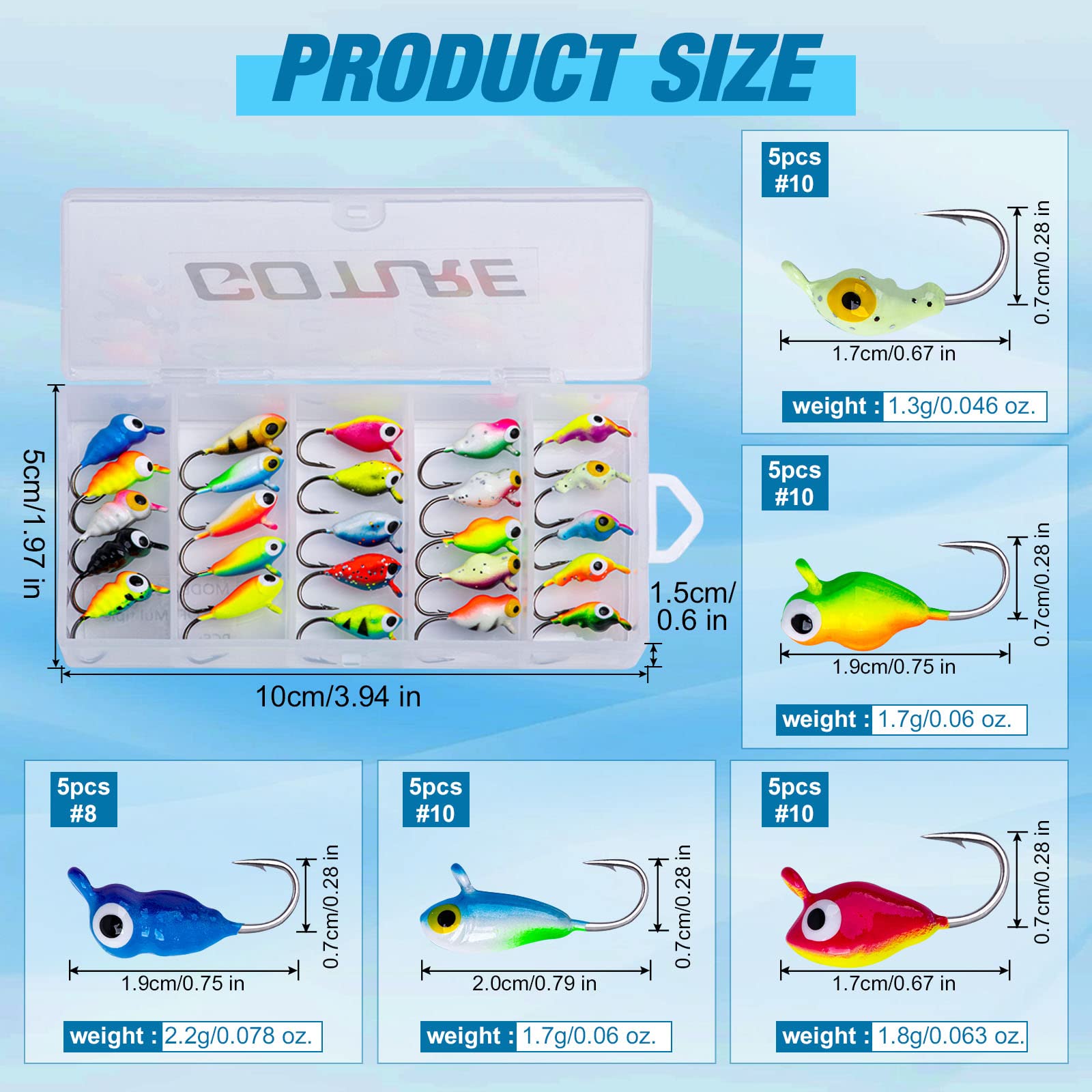 Goture Ice Fishing Jigs Tungsten Kit with Carbon Steel Hooks in Tackle Box, Winter Ice Fishing Lures for Bass, Pike, Trout, Walleye, Crappie, Panfish