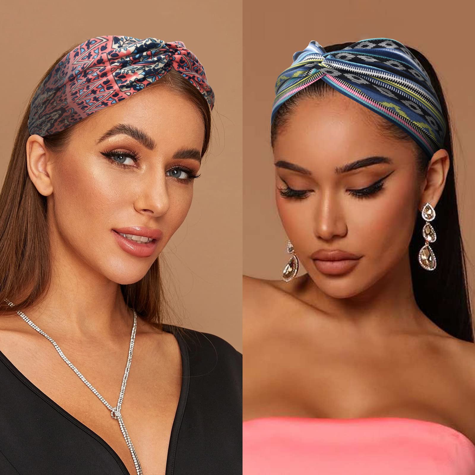 Carede Wide Boho Headbands for Women Extra Large Turban Headband Twisted Knot Head wraps Criss cross African Thick Bandana Headbands,Pack of 6