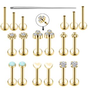 Yjbglrygf 16G Monroe Lip Piercing Jewelry Labret Studs Tragus Hoop Earrings Internally Threaded Lip Stud Nose Piercing Stud Flat Back Opal Zircon Helix Earring Studs(16G*8mm, gold)