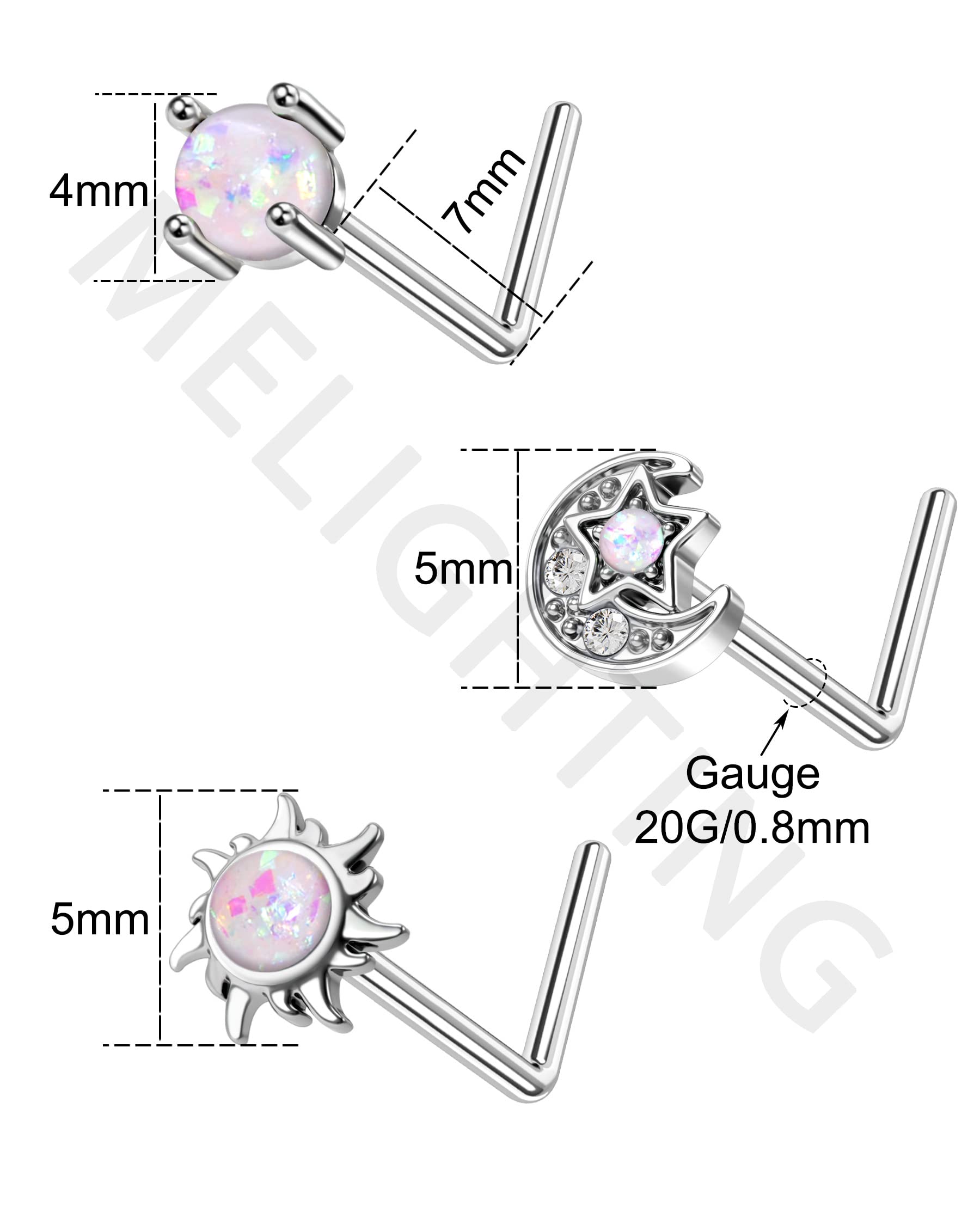 MeIighting Nose Rings 20G Moon Nose Studs Stainless Steel 316L Sun Nose Piercing Jewelry L Shaped for Women Men Body Piercing Jewelry