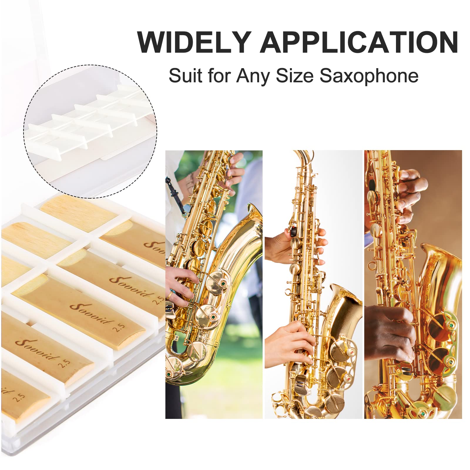 Sovvid 10 Pack Professional Alto Saxophone Reeds with Plastic Box, Strength 2.5 Alto Sax Reeds, Laser Engraved Marking & Thinner Reed Tip for Easy of Play, Traditional Reeds for Saxophone Alto