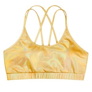 Freebily Women's Shiny Metallic Crop Top for Raves Dance Music Festivals Sports Bra Crisscross Back Workout Yoga Bra Gold Medium