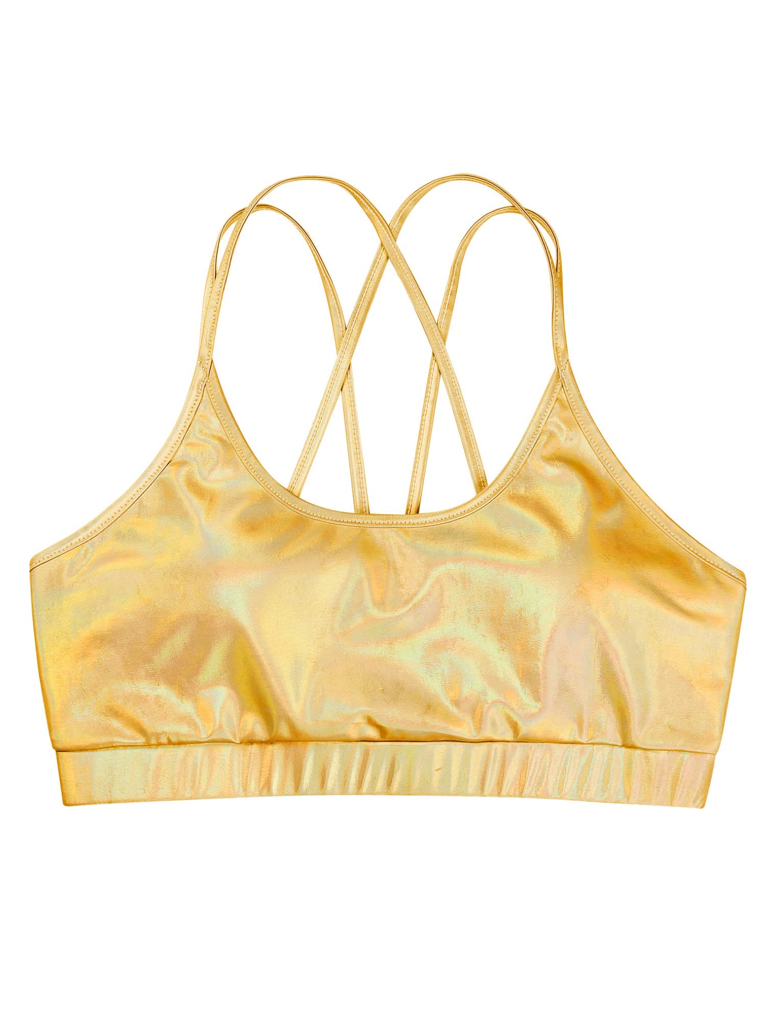 Freebily Women's Shiny Metallic Crop Top for Raves Dance Music Festivals Sports Bra Crisscross Back Workout Yoga Bra Gold Medium