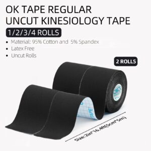 OK TAPE Basic Original Cotton Kinesiology Tape (2 Pack), Elastic Water Resistant Therapeutic Athletic Tape, Latex Free, Pain Relief, Injury Recovery, Uncut K Tape 2in×16.4ft - Black