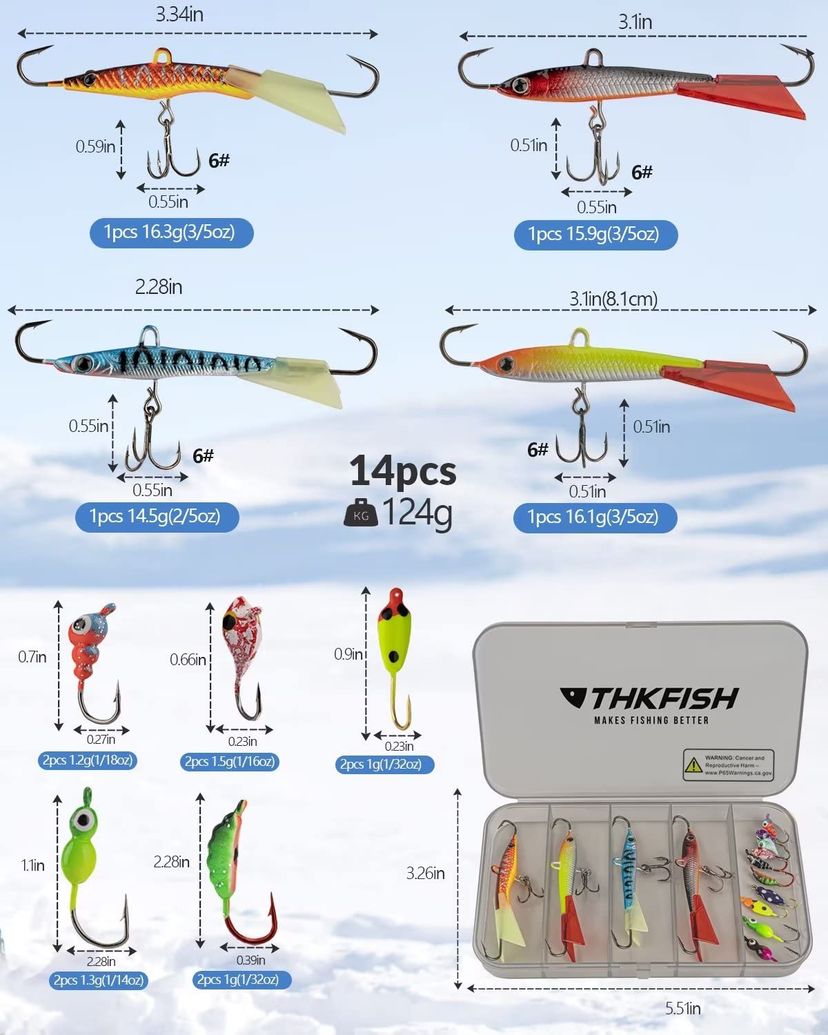 THKFISH Ice Fishing Jigs Panfish Ice Fishing Lures Kits Ice Fishing Gear Kit 14pcs Luminous Ice Fishing Color D