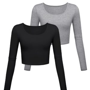 Kindcall Lightweight Yoga Crop Tops Slim Fit Long Sleeve Workout Shirts for Women 2 Pack (Black Heather Grey Pack, Small)