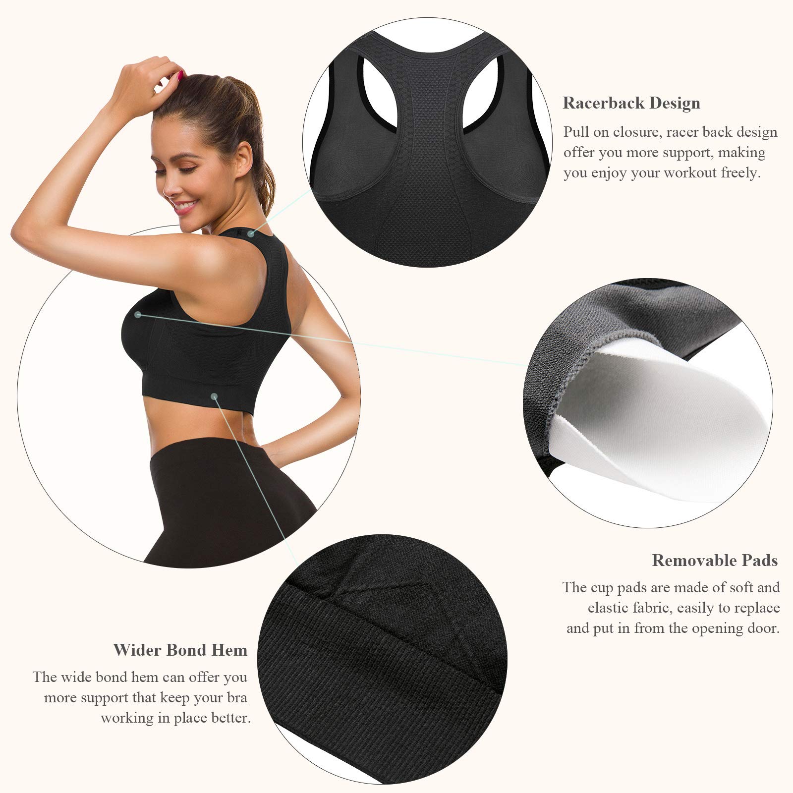 TOBWIZU Racerback Sports Bras for Women Plus Size Seamless Padded Activewear Bras for Workout Yoga Gym Comfy Sleep Everyday Bra Black