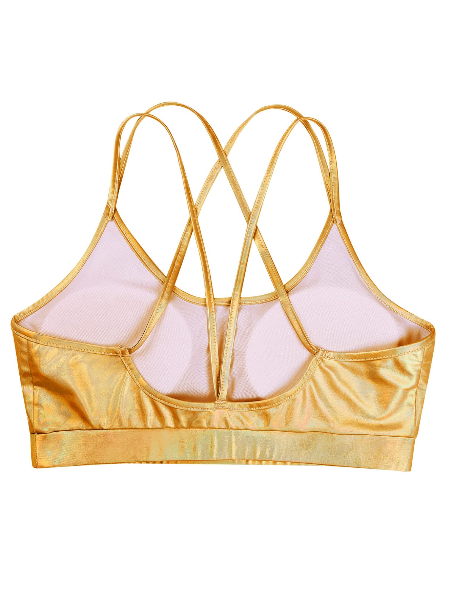 Freebily Women's Shiny Metallic Crop Top for Raves Dance Music Festivals Sports Bra Crisscross Back Workout Yoga Bra Gold Medium