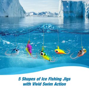 Goture Ice Fishing Jigs Tungsten Kit with Carbon Steel Hooks in Tackle Box, Winter Ice Fishing Lures for Bass, Pike, Trout, Walleye, Crappie, Panfish