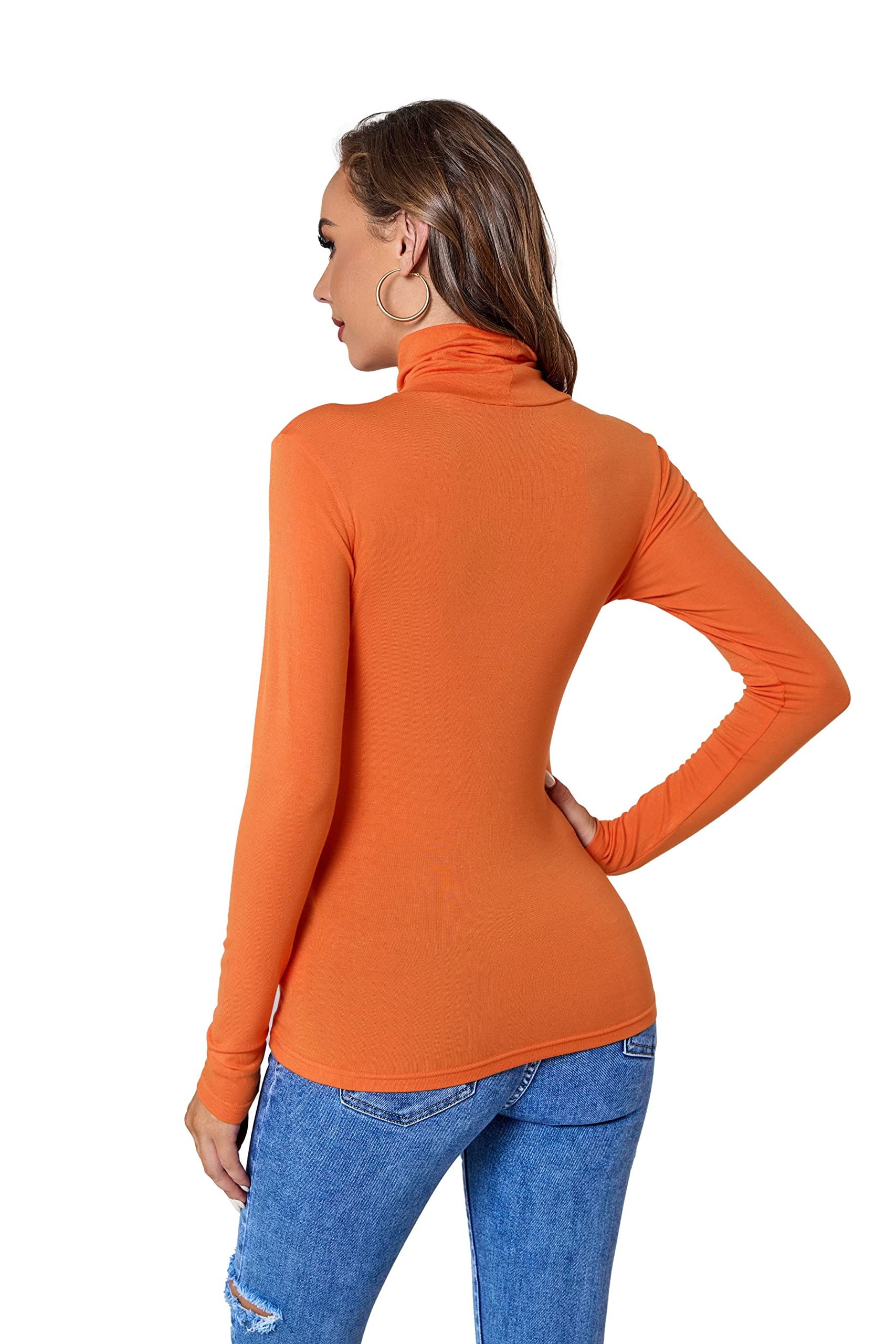 ACANI Orange Turtle Neck Tops for Women Ribbed Women's Long Sleeve Slim Fit Mock Orange Turtleneck Basic Stretchy Lightweight Layering Tops(Orange Medium)