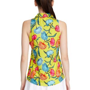 CQC Women's Sleeveless Golf Shirts Quick Dry Floral Athletic Polo with Collar Zip Up Lightweight Tennis Tank Tops Tropical Coquette M