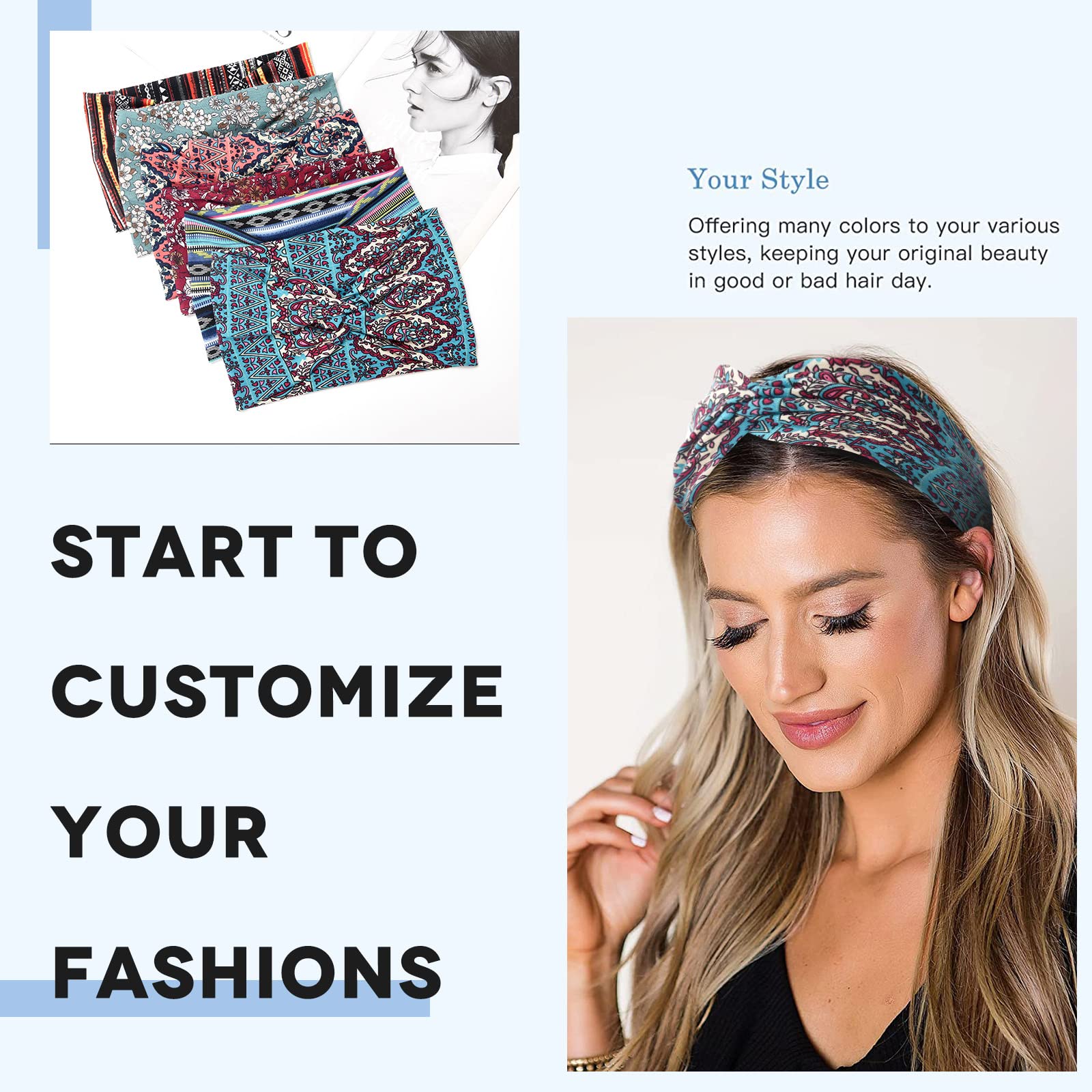 Carede Wide Boho Headbands for Women Extra Large Turban Headband Twisted Knot Head wraps Criss cross African Thick Bandana Headbands,Pack of 6