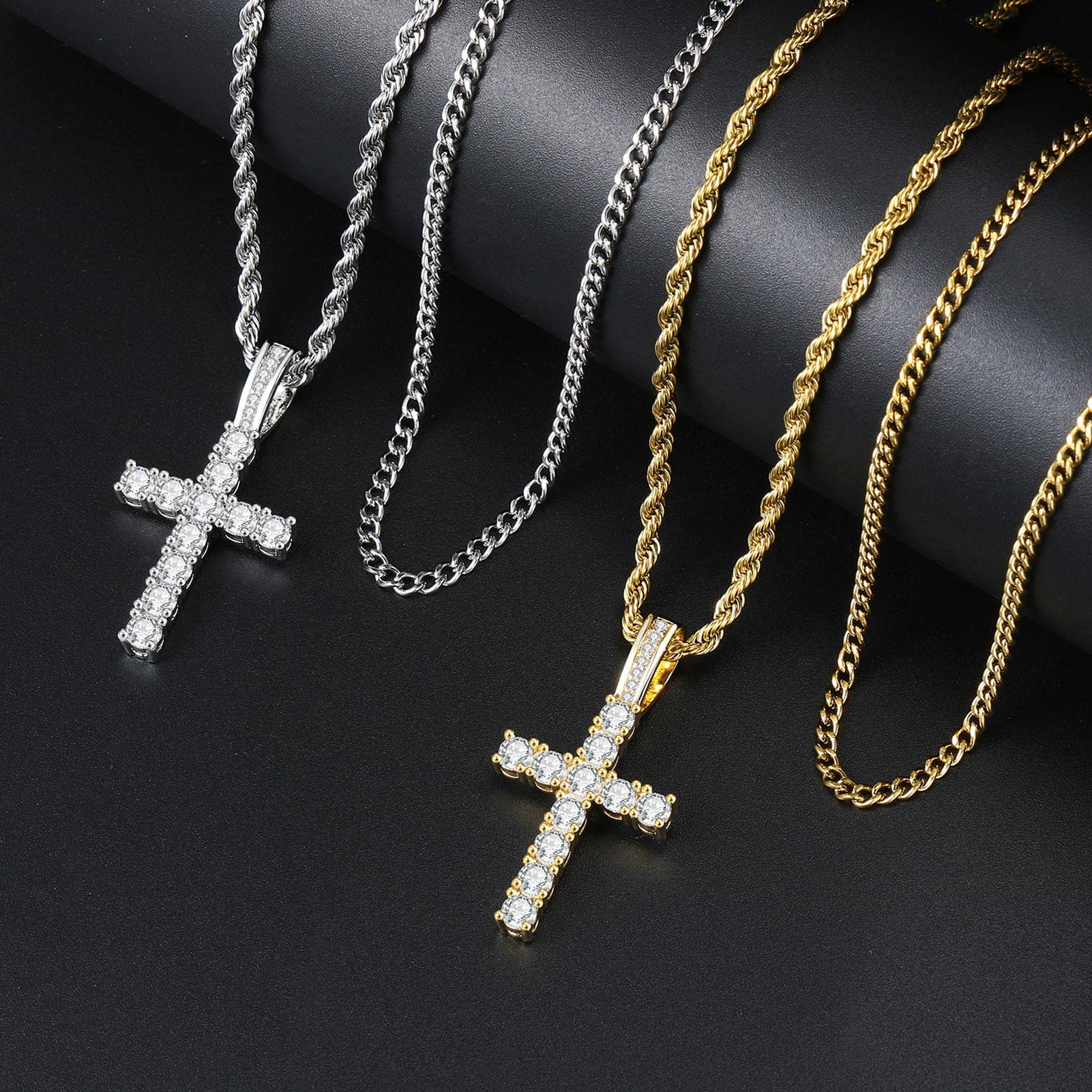 GEMOSA Cross Chain for Men 14K Gold Silver Plated Solid Iced Out 5A+ Cubic Zirconia Stainless Steel Cuban Link rope Layered Chains 1624 Inch Large Cross Diamond Pendant Nceklace for Women Boys Girls