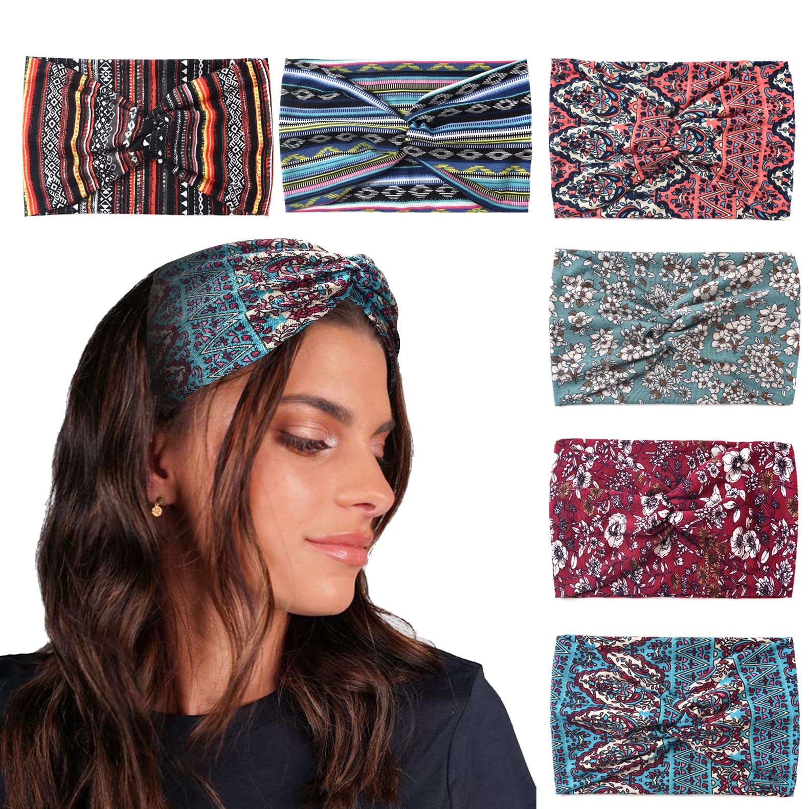 Carede Wide Boho Headbands for Women Extra Large Turban Headband Twisted Knot Head wraps Criss cross African Thick Bandana Headbands,Pack of 6