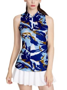 cqc women's sleeveless golf shirts quick dry floral athletic polo with collar zip up lightweight tennis tank tops blue camo xxl