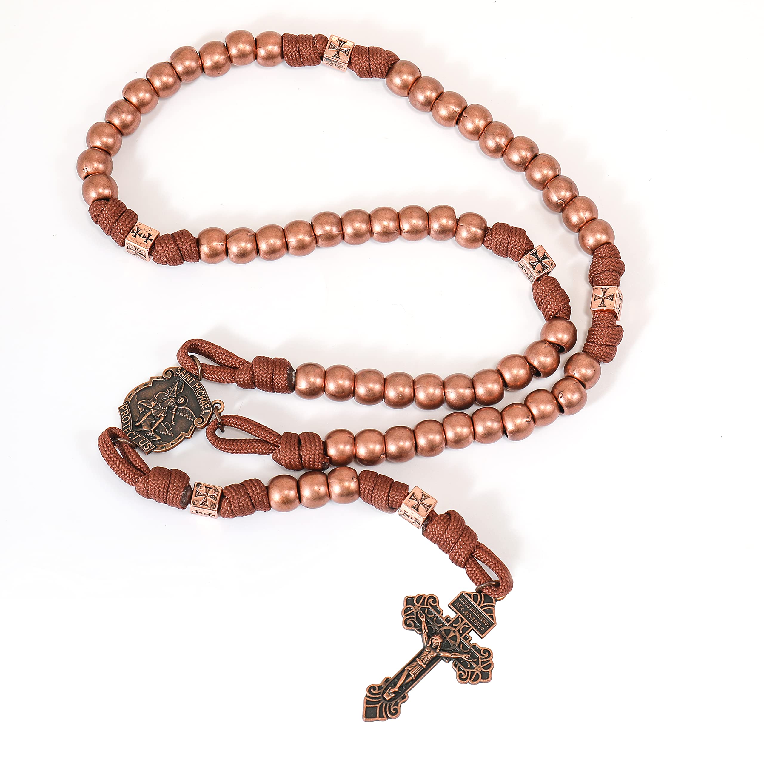 Nazareth Store Antique Copper Beads Paracord Rugged Rosary Necklace Strong Corded with St.Michael Medal and Pardon Crucifix Antique Cooper St. Michael Paracord Rosary