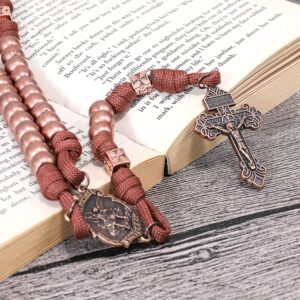 Nazareth Store Antique Copper Beads Paracord Rugged Rosary Necklace Strong Corded with St.Michael Medal and Pardon Crucifix Antique Cooper St. Michael Paracord Rosary