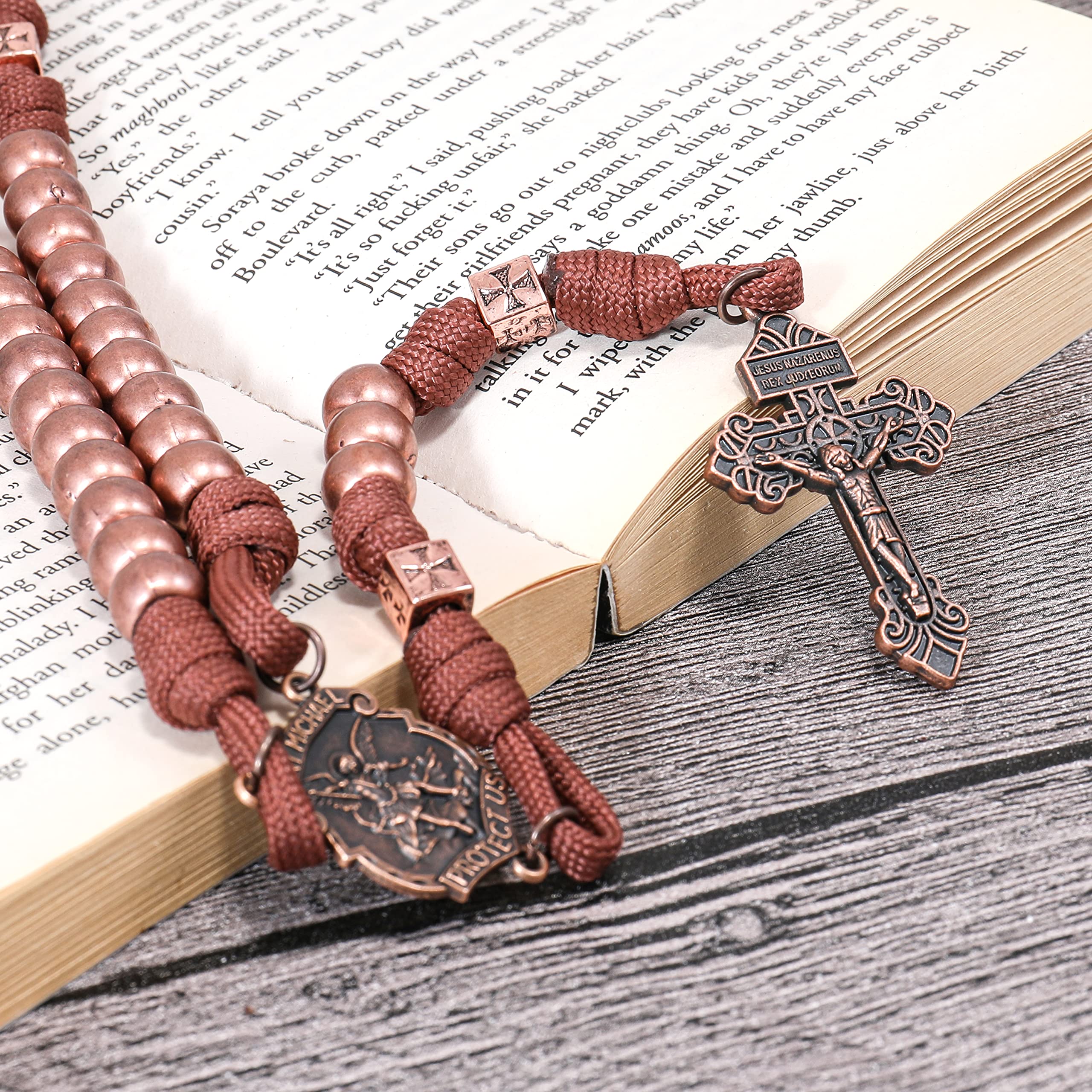 Nazareth Store Antique Copper Beads Paracord Rugged Rosary Necklace Strong Corded with St.Michael Medal and Pardon Crucifix Antique Cooper St. Michael Paracord Rosary