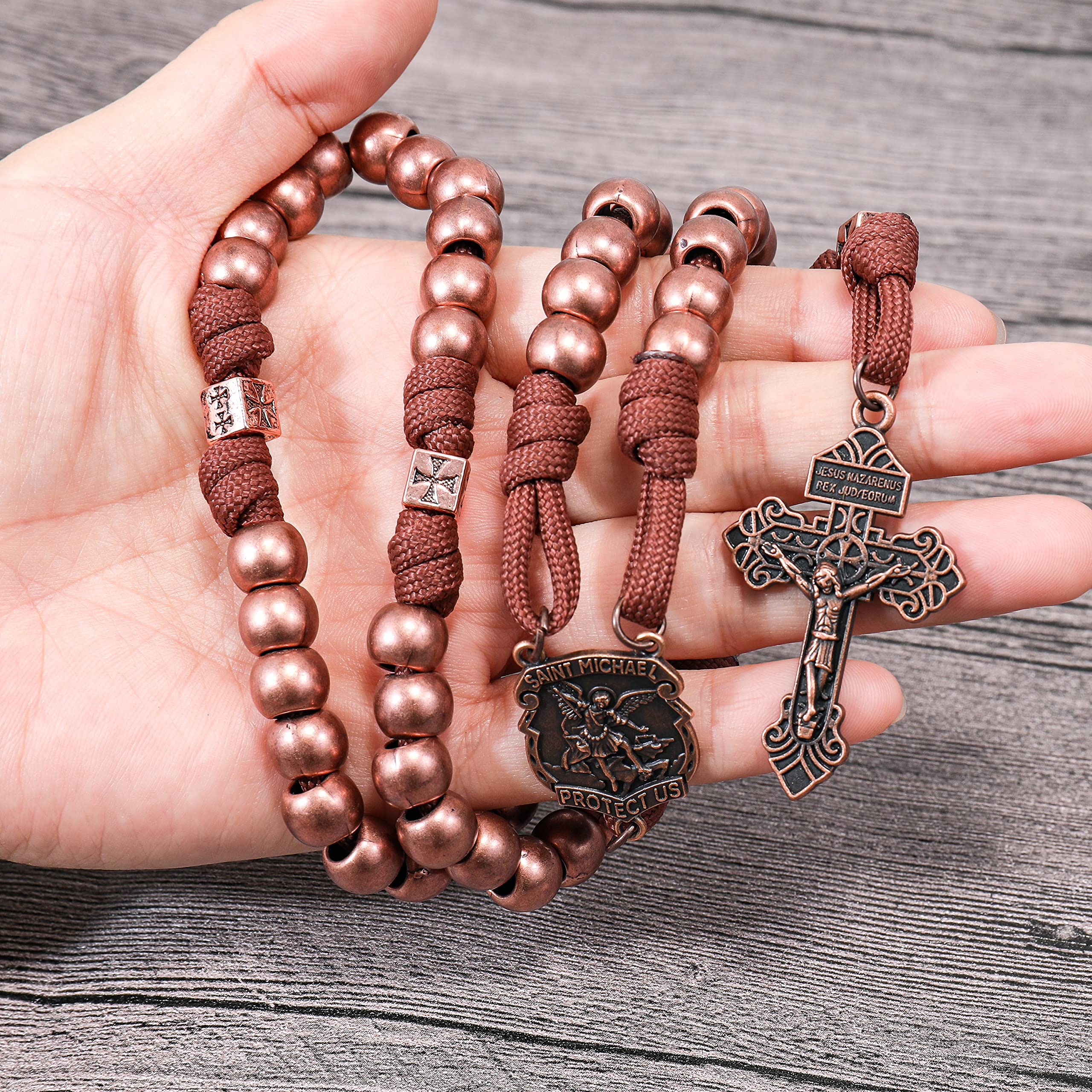 Nazareth Store Antique Copper Beads Paracord Rugged Rosary Necklace Strong Corded with St.Michael Medal and Pardon Crucifix Antique Cooper St. Michael Paracord Rosary