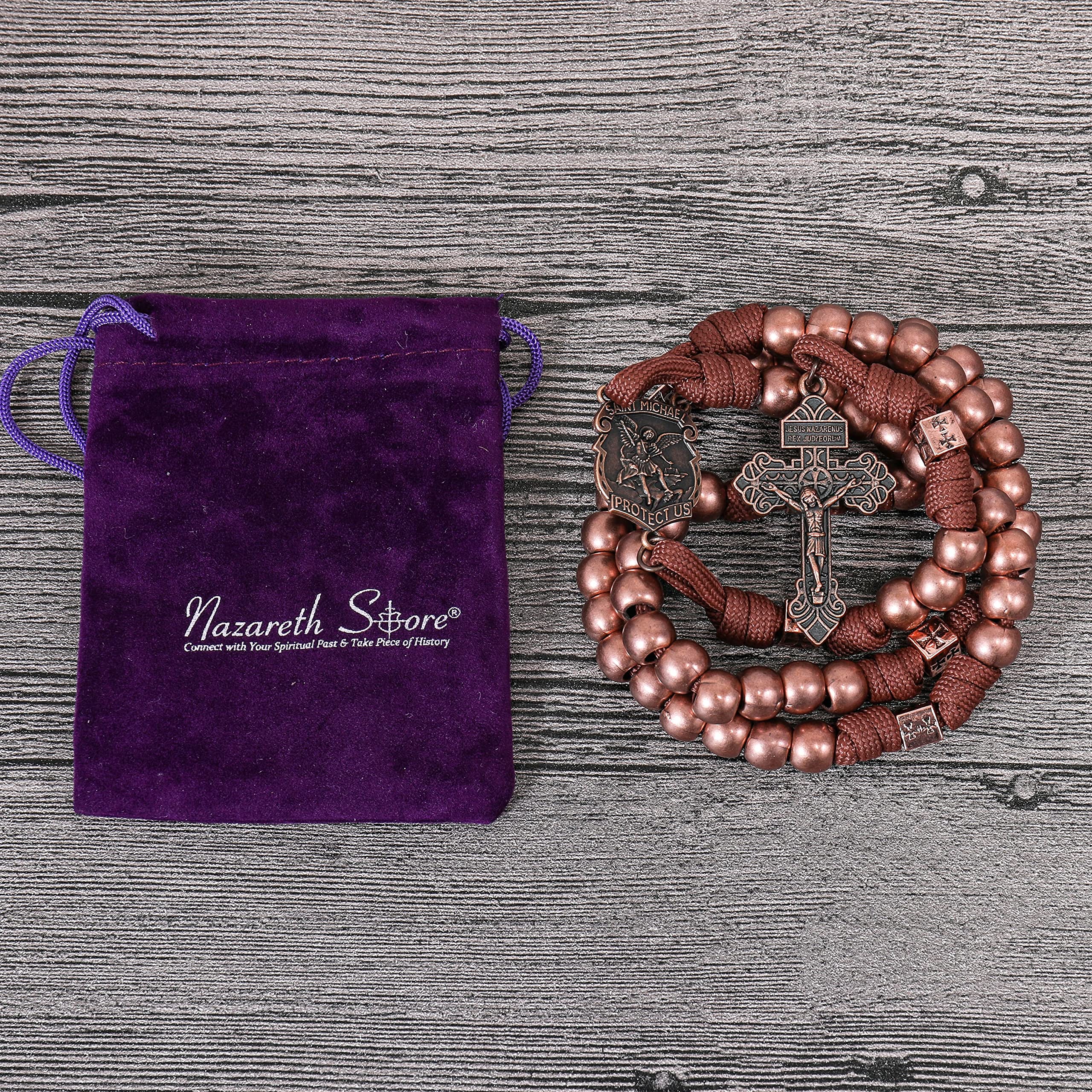 Nazareth Store Antique Copper Beads Paracord Rugged Rosary Necklace Strong Corded with St.Michael Medal and Pardon Crucifix Antique Cooper St. Michael Paracord Rosary