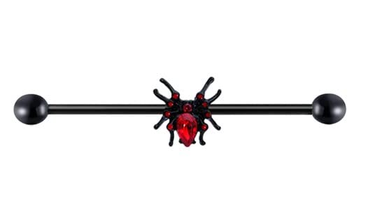 14G Industrial Black Stainless Steel Barbell with Spider & Red Gems - 14 Gauge Cartilage Industrial Ear Piercing Jewelry