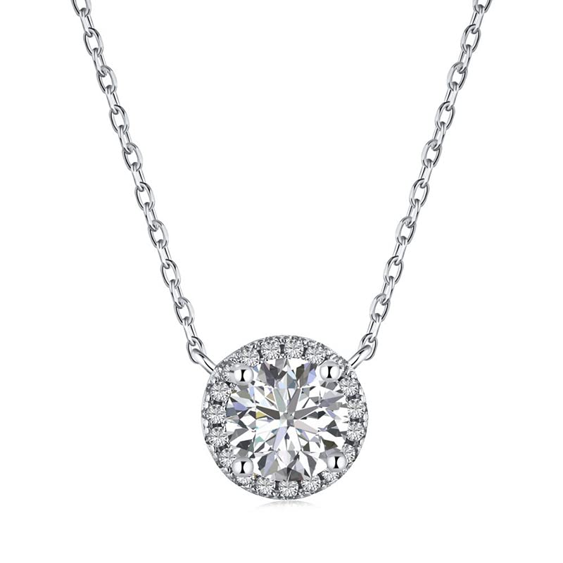 PAENENPH Solid 14K White Gold Over 925 Silver Bezel-Set Diamond Solitaire Necklace,Round Bezel Moissanite Pendant Necklace,18 Inch,Gift for Her (White Gold, 14K Gold)