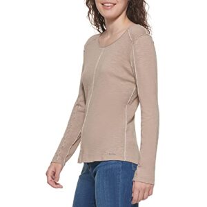 DKNY Women's Long Sleeve Layering Crewneck Sportswear Top, Mushroom, Medium