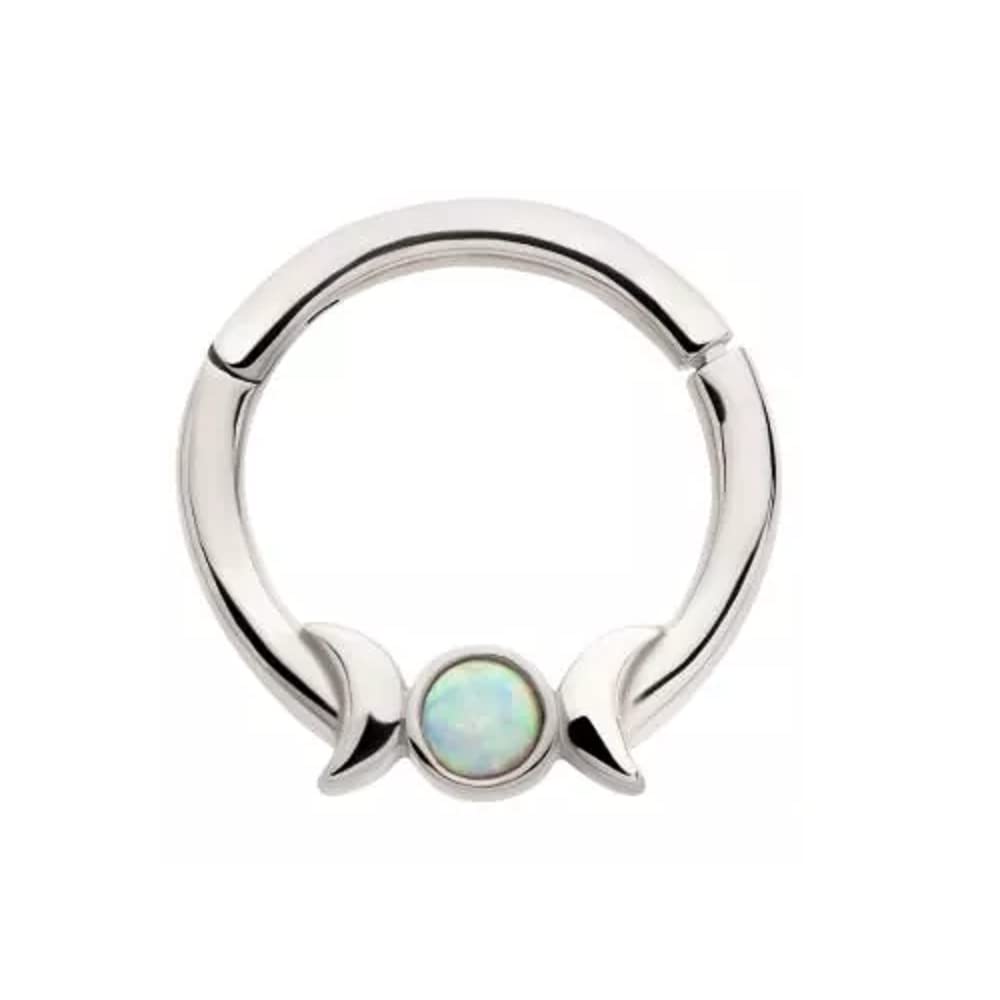 Pierced Owl 16GA 316L Stainless Steel Triple Moon Phase with White Synthetic Opal Center Hinged Segment Ring (Silver Tone)