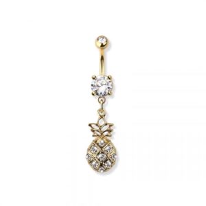 Pierced Owl 14GA 316L Stainless Steel CZ Crystal Pineapple Dangling Belly Button Ring (Gold Tone)