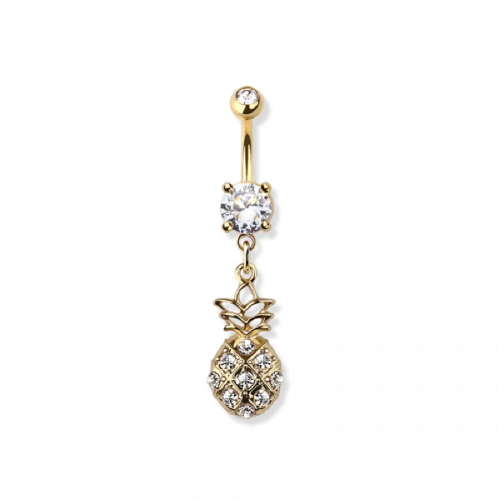 Pierced Owl 14GA 316L Stainless Steel CZ Crystal Pineapple Dangling Belly Button Ring (Gold Tone)