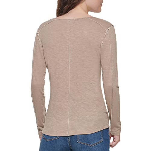 DKNY Women's Long Sleeve Layering Crewneck Sportswear Top, Mushroom, Medium