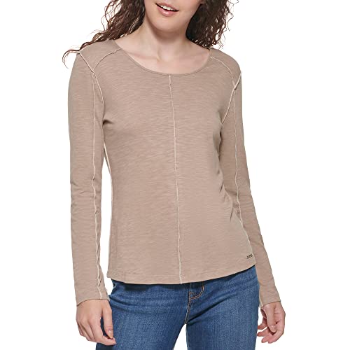 DKNY Women's Long Sleeve Layering Crewneck Sportswear Top, Mushroom, Medium