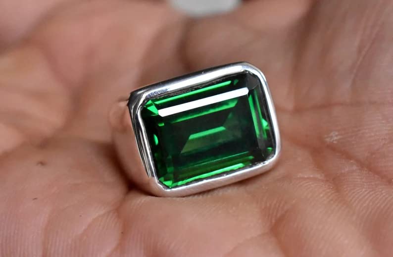 Green Emerald Ring for Men and Women Signet Emerald Cut Gemstone Sterling Silver Band Gift Rings All US Rings Size (8)