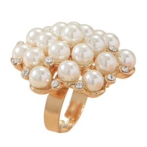 large cz pearl statement wedding ring for women girls gold plated vintage crystal faux pearls ball flower adjustable big open band wrap ring birthday cocktail party ring comfort fit exaggerated jewelry gift