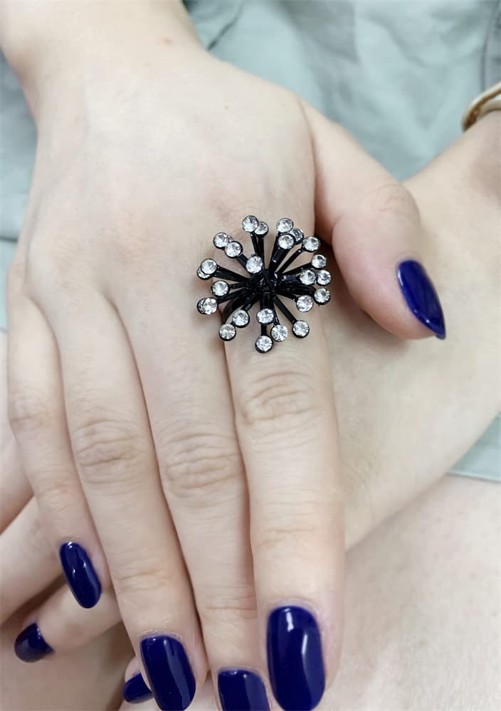 Rhinestone Dandelion Flower Ring for Women Adjustable Crystal Black Blossom Pistil Statement Ring Fashion Unique Jewelry Size 7-9