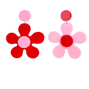 onlyjump vintage 60s 70s flower earrings colorful floral earrings big acrylic daisy flower dangle earring for women lily petals hawaii plant earrings statement fashion jewelry (pink and red)