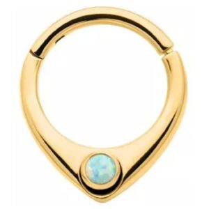 Pierced Owl 16GA 316L Stainless Steel Oval Shape with White Synthetic Opal Hinged Segment Ring (Gold Tone)