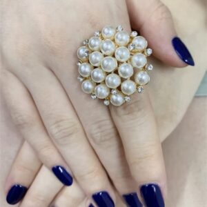 Large CZ Pearl Statement Wedding Ring for Women Girls Gold Plated Vintage Crystal Faux Pearls Ball Flower Adjustable Big Open Band Wrap Ring Birthday Cocktail Party Ring Comfort Fit Exaggerated Jewelry Gift