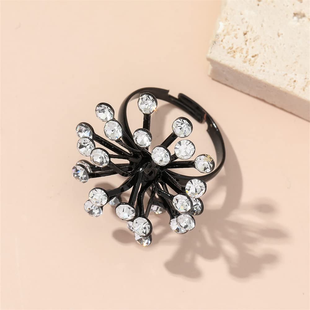 Rhinestone Dandelion Flower Ring for Women Adjustable Crystal Black Blossom Pistil Statement Ring Fashion Unique Jewelry Size 7-9