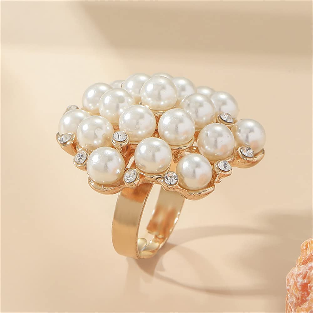 Large CZ Pearl Statement Wedding Ring for Women Girls Gold Plated Vintage Crystal Faux Pearls Ball Flower Adjustable Big Open Band Wrap Ring Birthday Cocktail Party Ring Comfort Fit Exaggerated Jewelry Gift