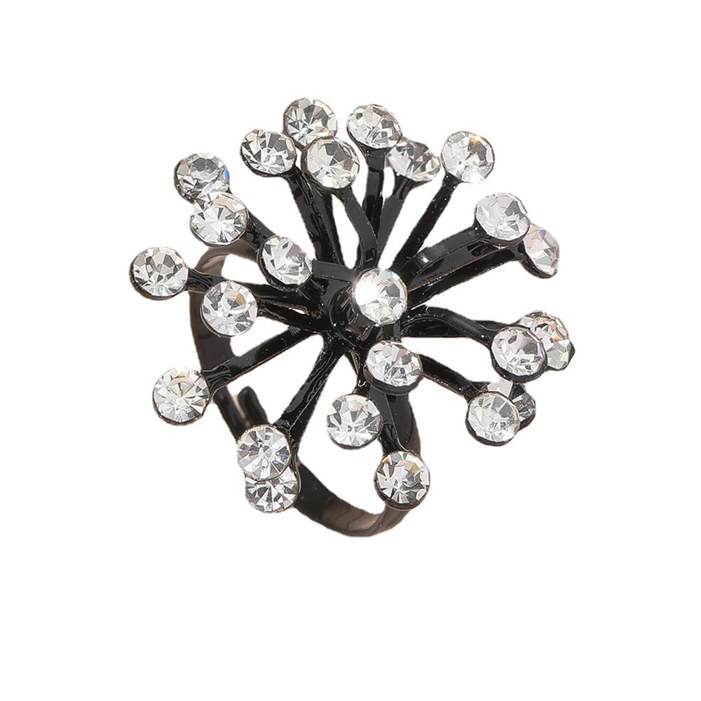 Rhinestone Dandelion Flower Ring for Women Adjustable Crystal Black Blossom Pistil Statement Ring Fashion Unique Jewelry Size 7-9