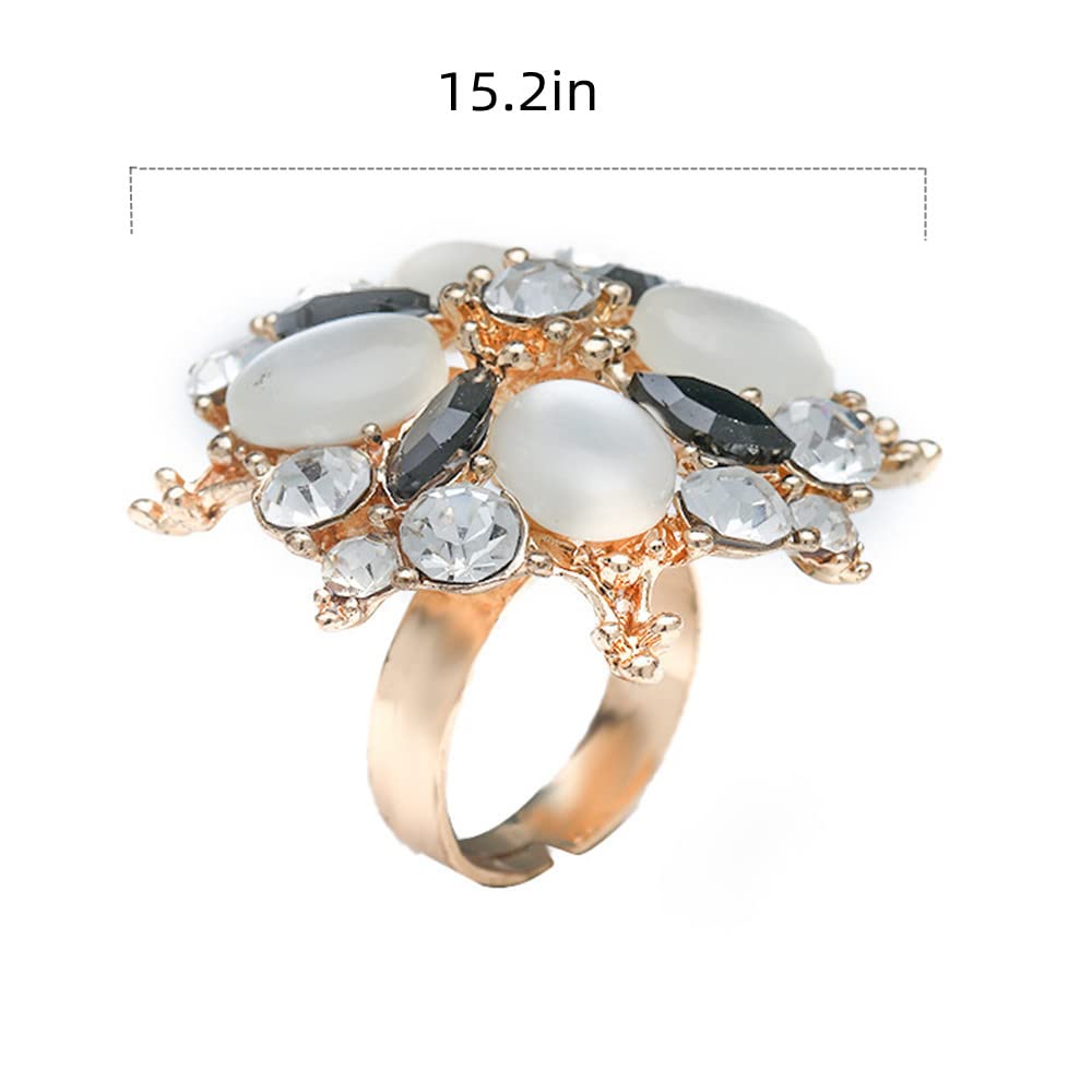 Baroque CZ Flower Ring for Women Gold Plated Rhinestone Crystal Opal Birthstone Big Wedding Statement Open Wrap Rings Adjustable Comfortable Exqusite Birthday Christmas Jewelry (Black)