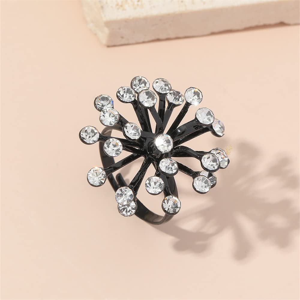 Rhinestone Dandelion Flower Ring for Women Adjustable Crystal Black Blossom Pistil Statement Ring Fashion Unique Jewelry Size 7-9