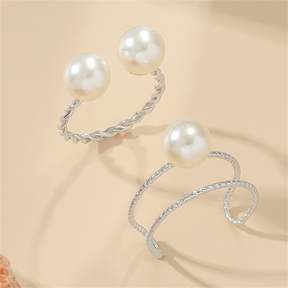 2pcs Shell Pearl Adjustable Wedding Statement Rings for Women Girls Silver Plated Expandable Twisted Layered Open Wrap Rings Comfort Fit Fashion Delicate Birthday Christmas Party Jewelry Gifts (Silver)